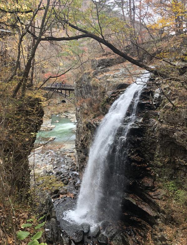 A small waterfall rushing down the side of a rock. Trees, a bridge, and a larger river sit in the background.