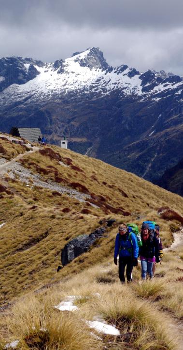 students backpacking among the mountaintops in New Zealand